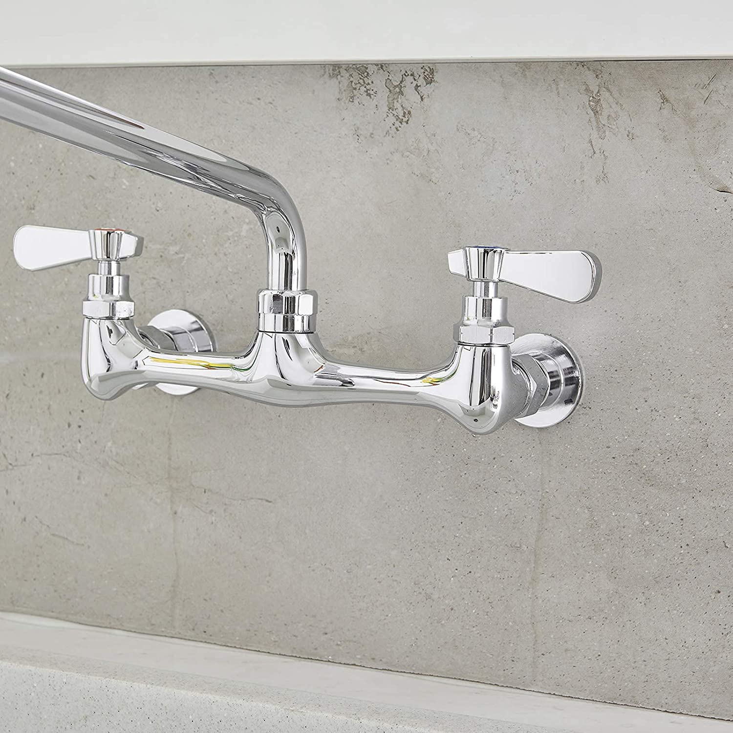 Bathfinesse Commercial Kitchen Faucet, Wall Mount, 12-Inch Swivel Spout, Dual Handle, Chrome Mixer Tap, Heavy Duty Brass Constru
